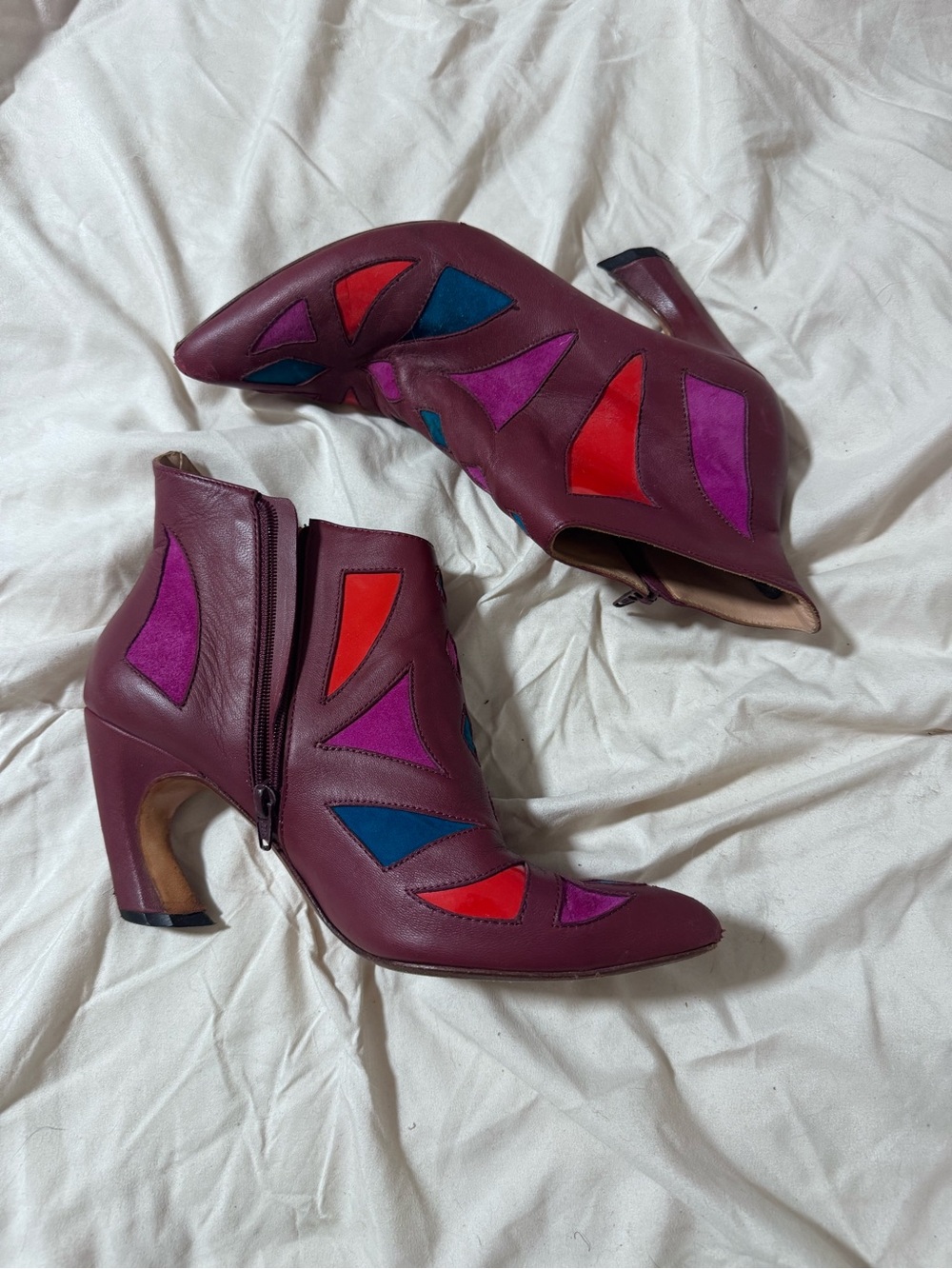 Women's Fluevog Burgundy Leather Ankle Boots with Colorful Inlay